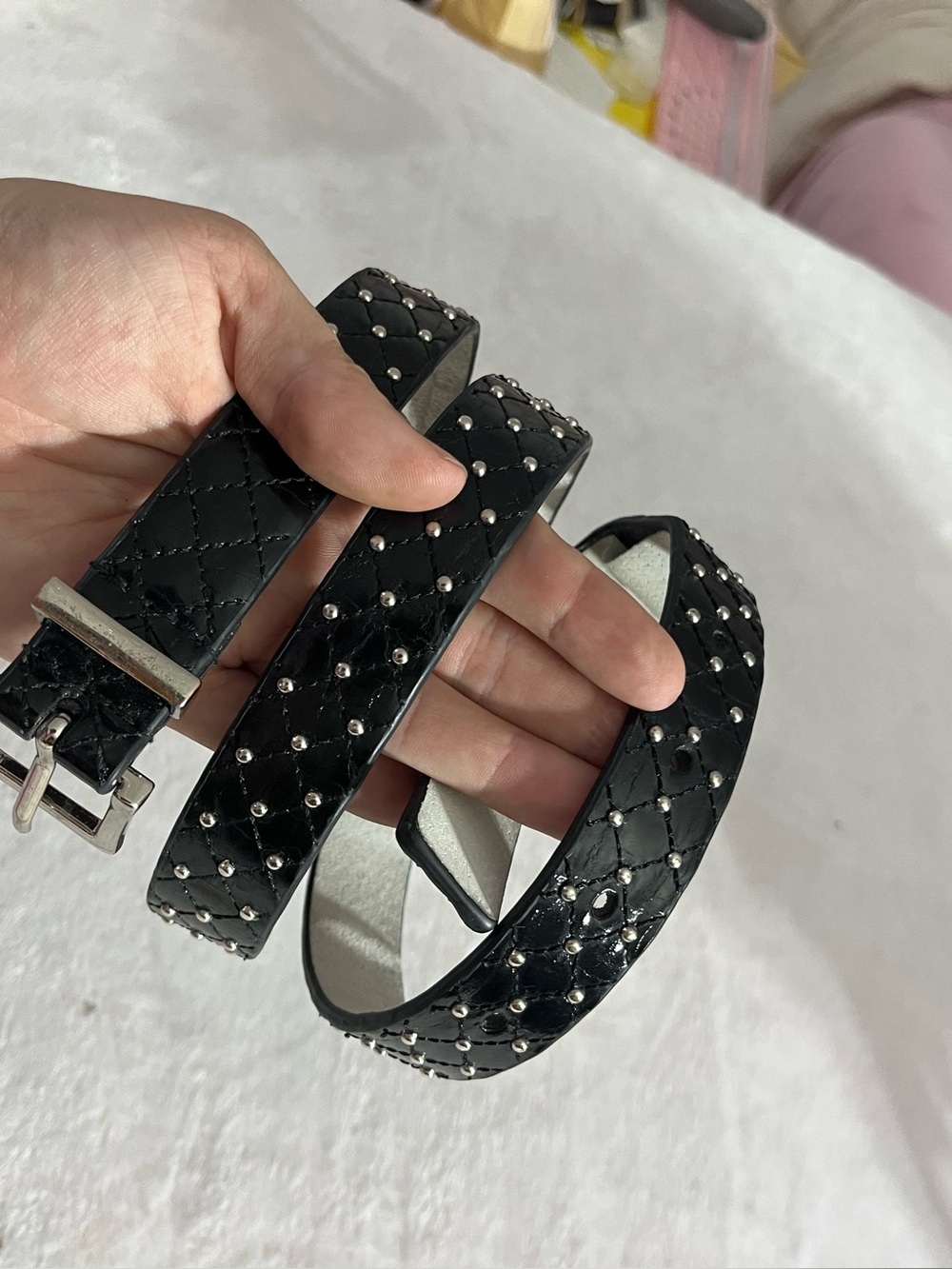 Black House White Market Medium Quilted Studded Leather Belt Silver w flaw